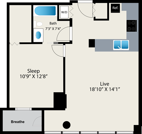 Floor plan for 1 bed, 1 bath, 767 sqft